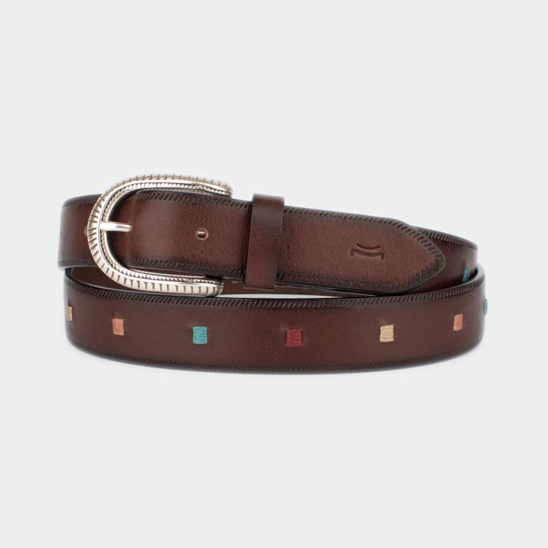 Vachetta leather belt with embroidered detail